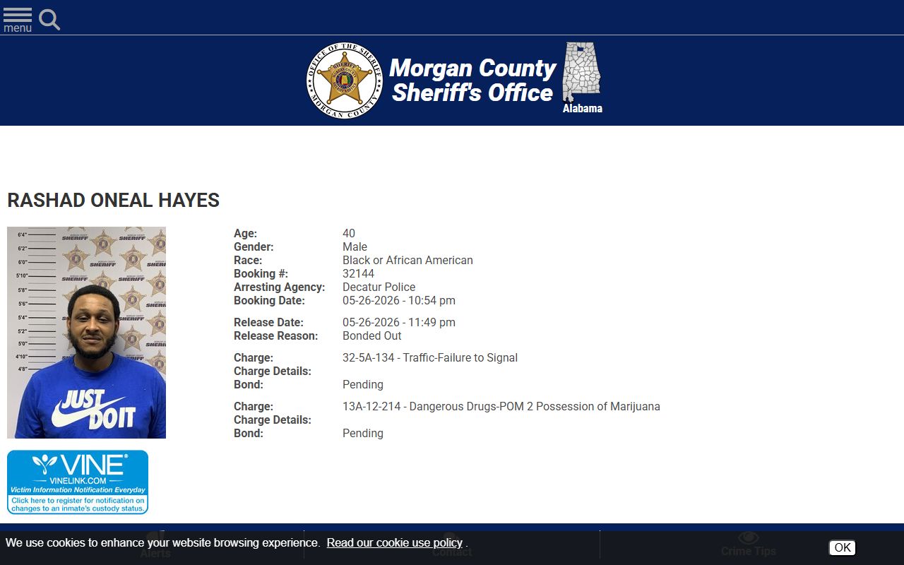 Morgan County booking photo profile with mugshot and charge fields
